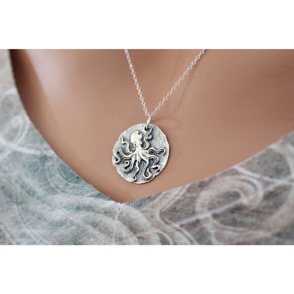 Sterling Silver Octopus Coin Charm Necklace, Octopus Ancient Coin Charm Necklace - Picture 2 of 6